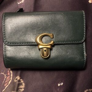 Coach Dark Green Leather Wallet with Gold Clasp